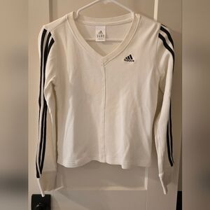 Adidas Long Sleeved Sweatshirt V-Neck Top White With Black Stripes Size S